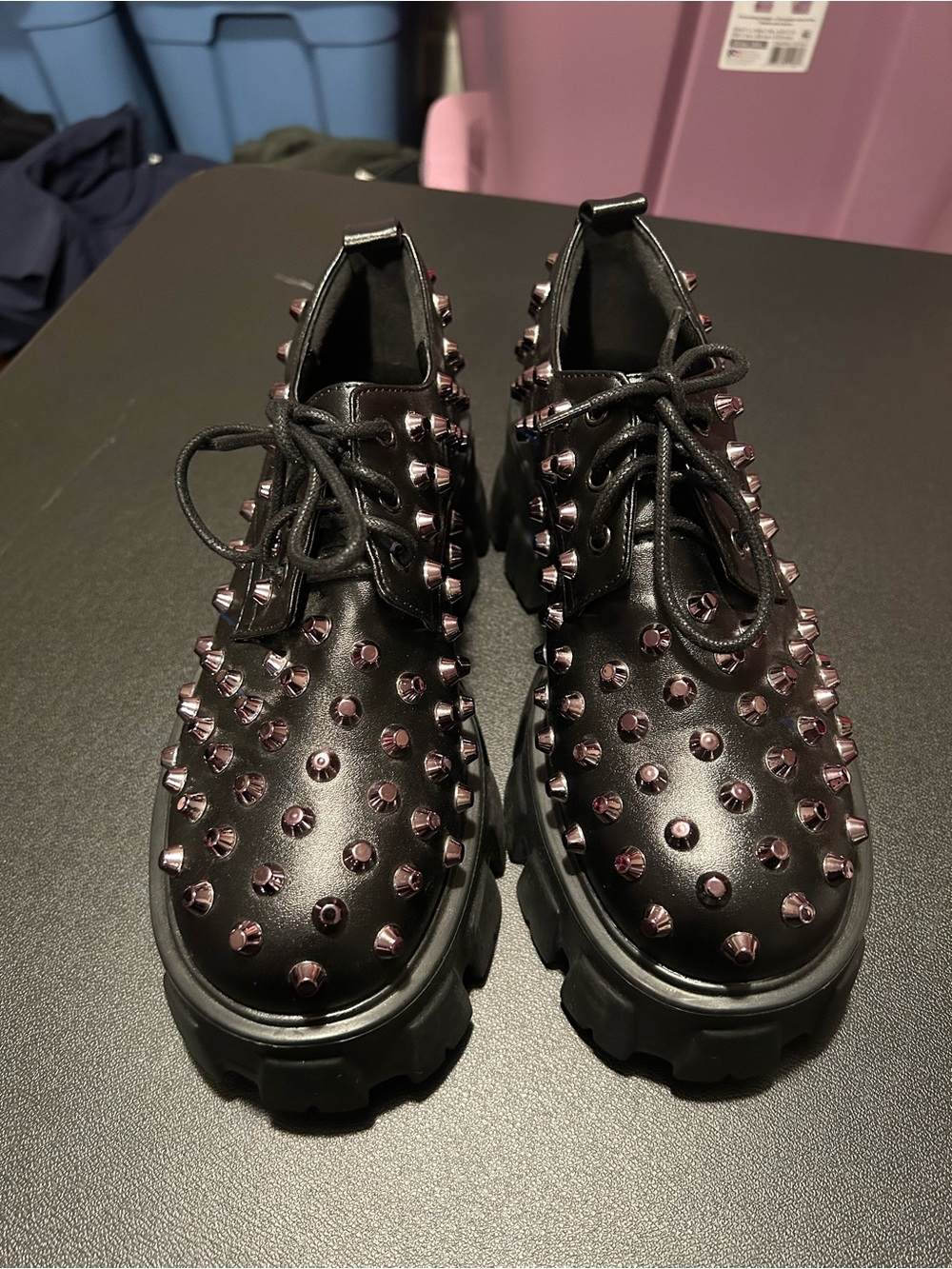 Foxblood Black Platform Lace-Up Oxfords with Purple Stud Accents 8 - Picture 2 of 5